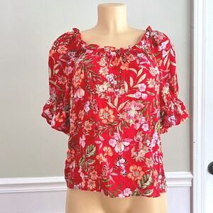 Status by Chenault Floral Blouse Womens L Ruffle Puff Sleeve Red Boho Summer
